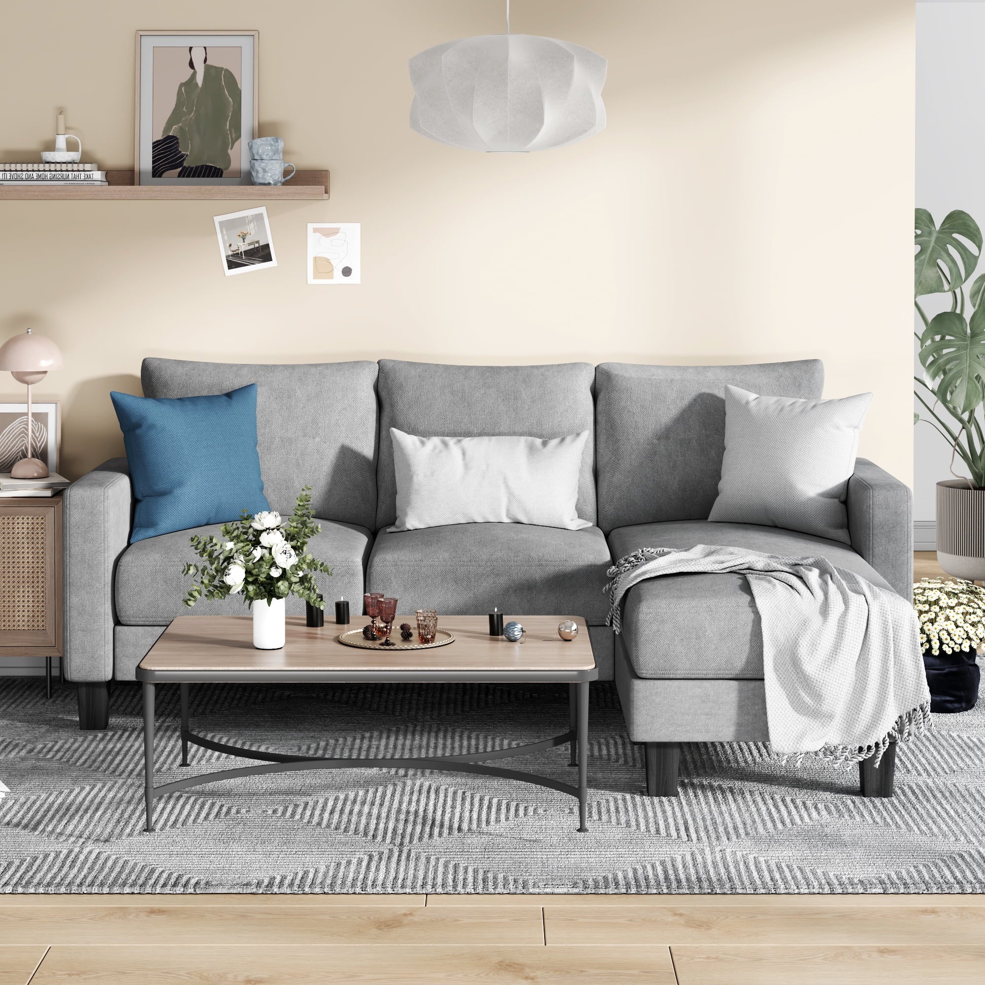 Homall Convertible Sectional Sofa Couch, Modern Linen Fabric L-Shaped Couch 3-Seat Sofa Sectional with Reversible Chaise for Small Living Room, Apartment and Small Space, Light Gray