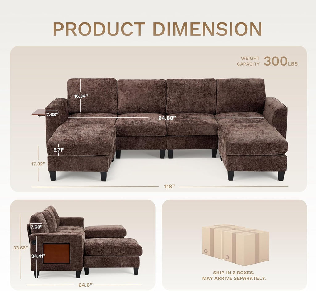 COLAMY 118" U Shaped Sectional Couches,4 Seat Modular Sofa with 2 Ottoman and Foldable Side Table for Living Room,Brown