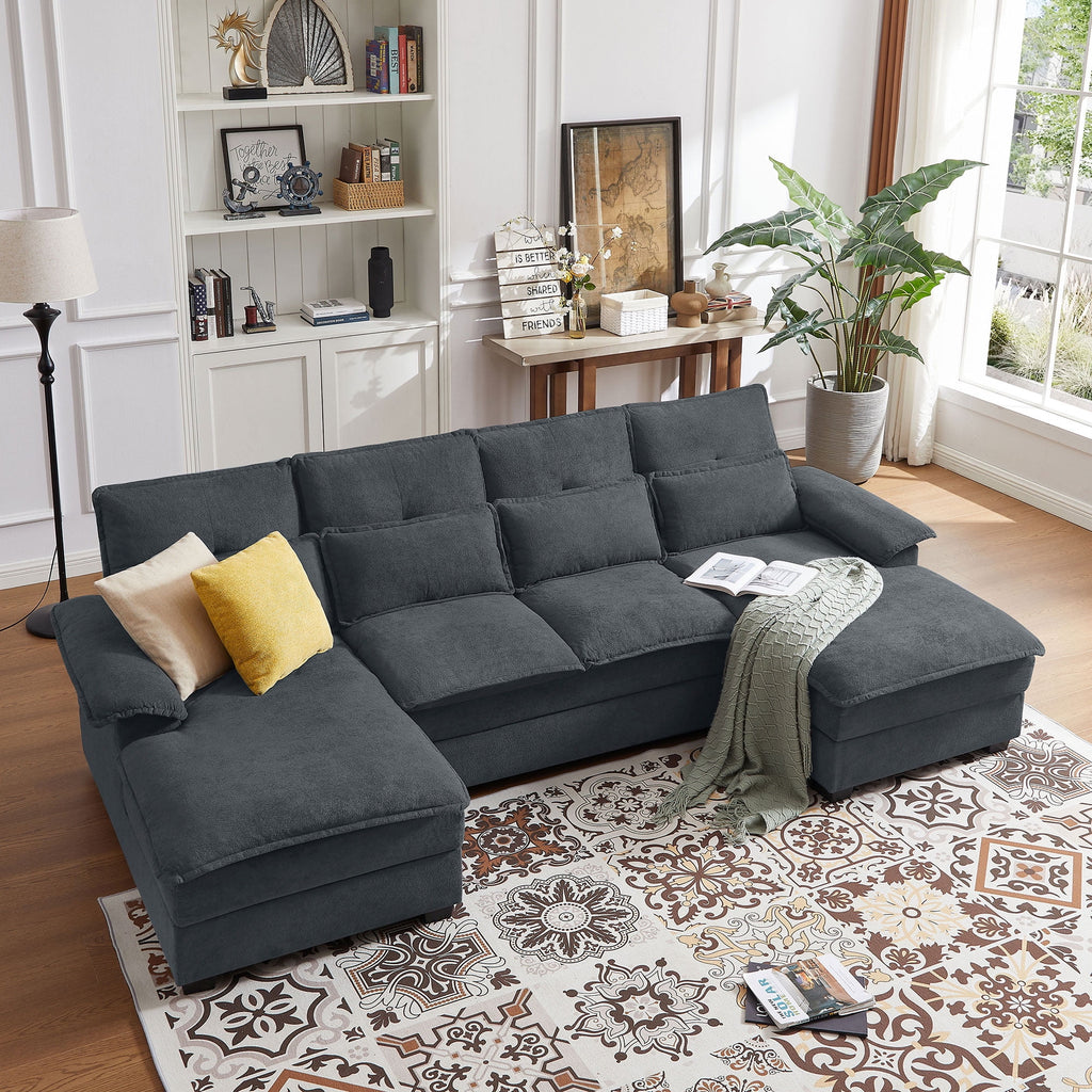 Pingliang Home 109.8" Oversized U Shaped Couch,4 Seat Sectional Sofa with 4 Lumbar Pillow,Upholstered Symmetrical Cloud Couch with Double Chaise,Wrap Around Sofa for Living Room Apartment Office,Gray