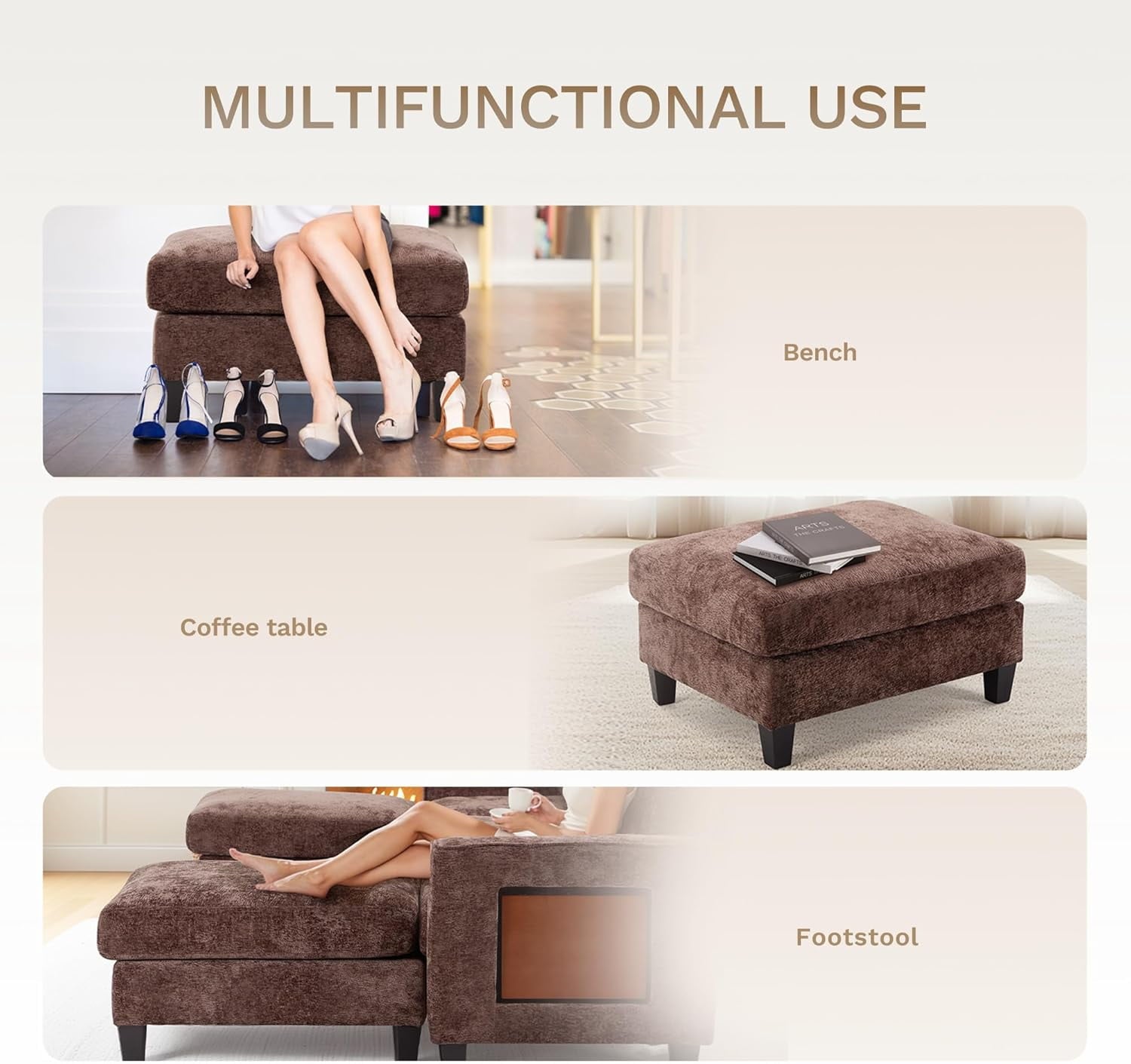 COLAMY 118" U Shaped Sectional Couches,4 Seat Modular Sofa with 2 Ottoman and Foldable Side Table for Living Room,Brown