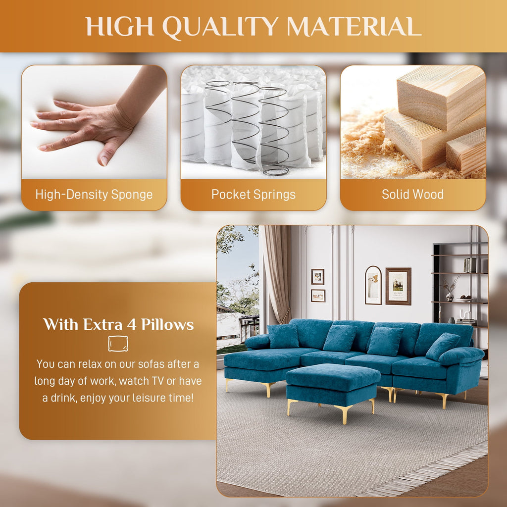 Wiilayok 114" U-Shaped Sectional Sofa,Velvet Modular 4 Seat Sofa Set for Living Room,Convertible L Shaped Sofa Couch Set with Chaise Lounge, Ottoman and Pillows