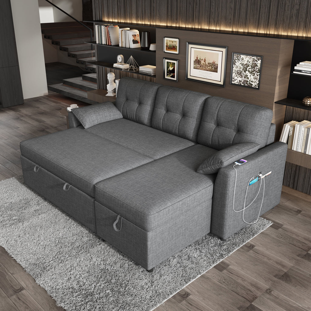 VANACC Sectional Sofa Bed with Storage and Soft Seat ,Reversible Pull Out Couch for Living Room,Gray