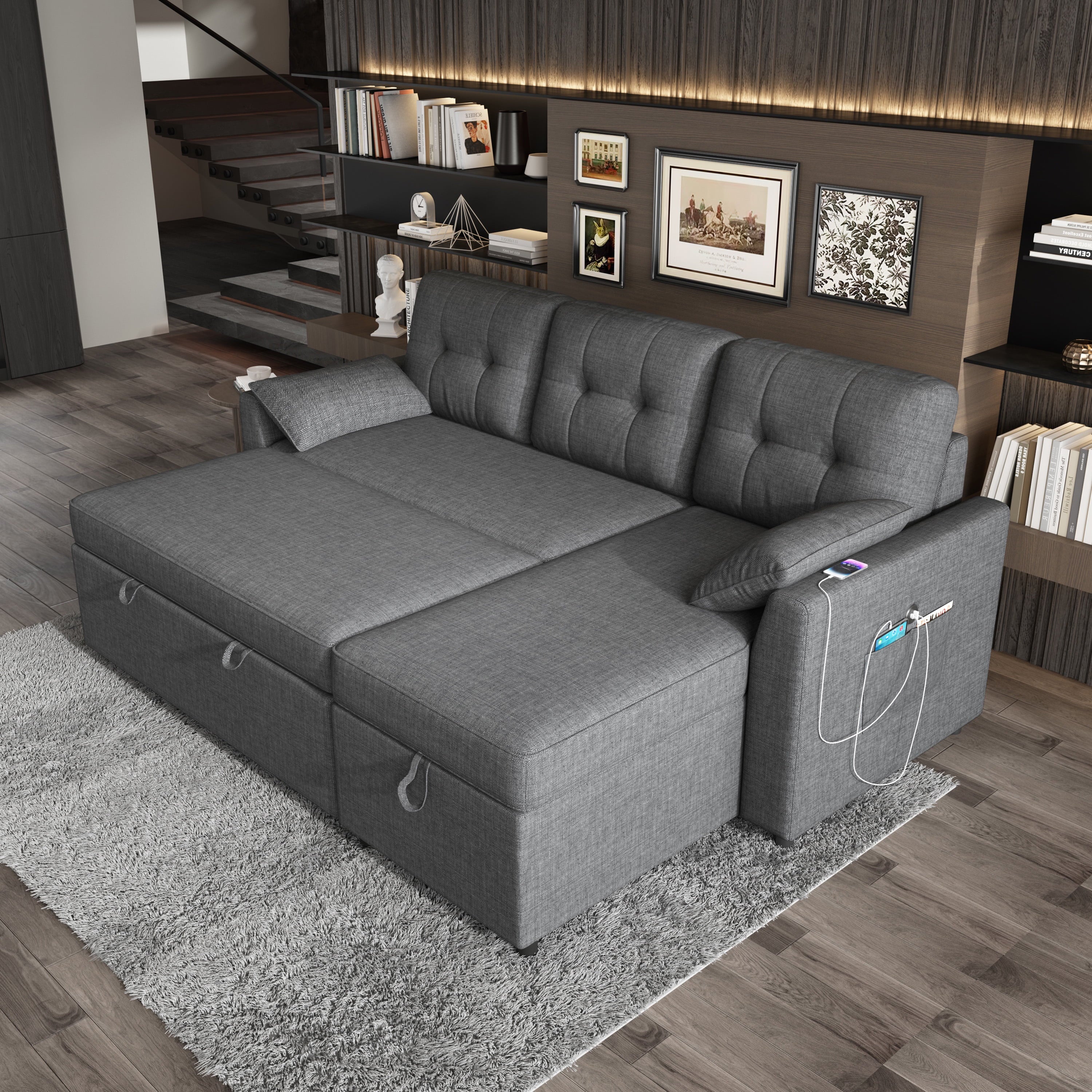 VANACC Sectional Sofa Bed with Storage and Soft Seat ,Reversible Pull Out Couch for Living Room,Gray