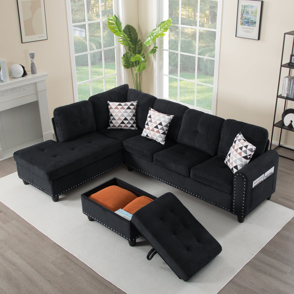 Gewnee 94.49" L-shaped Modular Fabric Sofa Set with Storage Ottoman and Cup Holders & throw pillows.Suitable for Living Rooms,Offices and Reception Rooms.Black