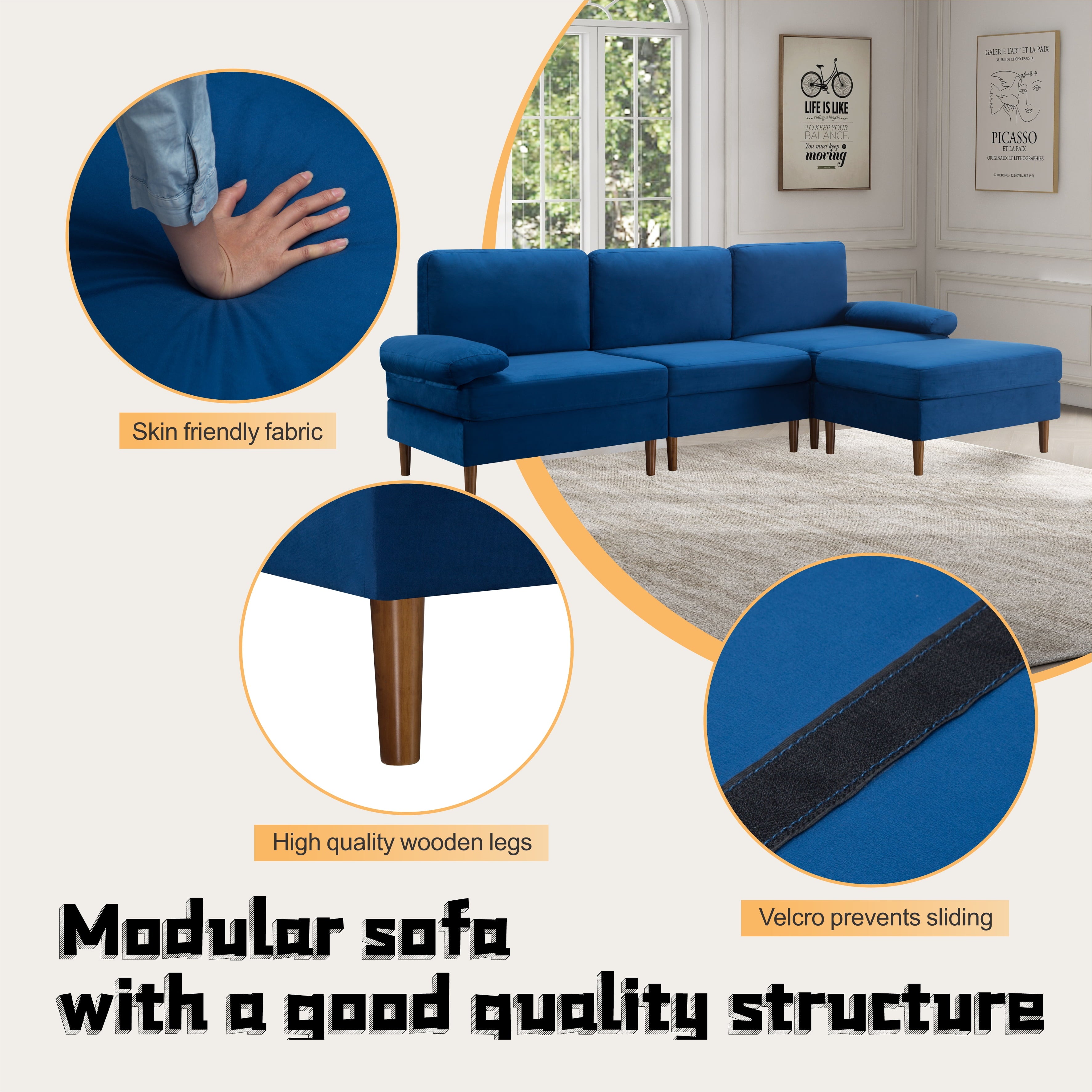 Gewnee Modern Sectional Sofa,L-shaped sofa with Movable Ottoman,Velvet Deep-Set sofa,Suitable for Living Rooms and Apartments(Navy Blue)