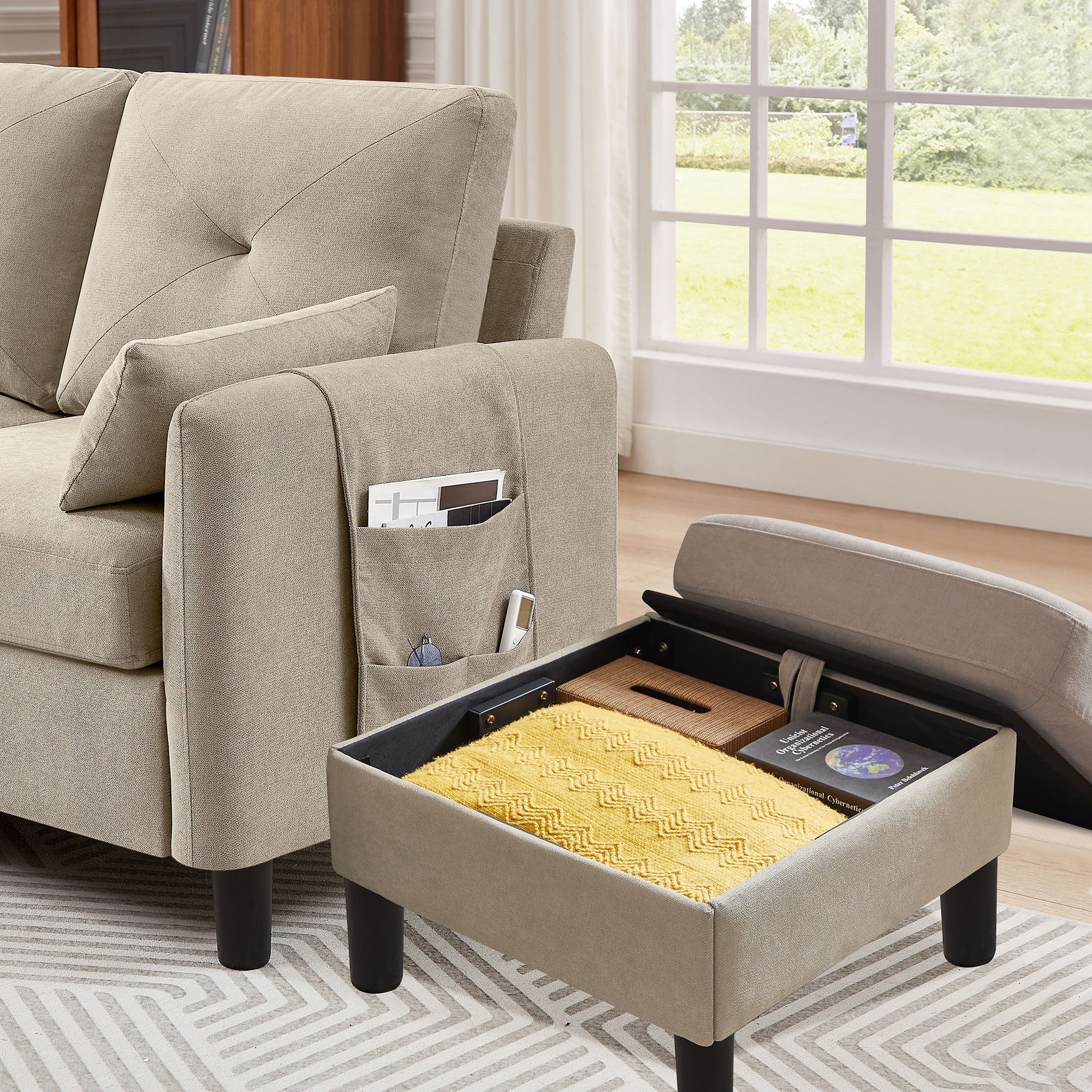 Pingliang Home Sofa Set, Convertible Sectional Sofa & Accent Chair,3 Seat L-Shaped Couch with Reversible Storage Ottoman&Side Pocket, Furniture Set for Living Room Office Apt