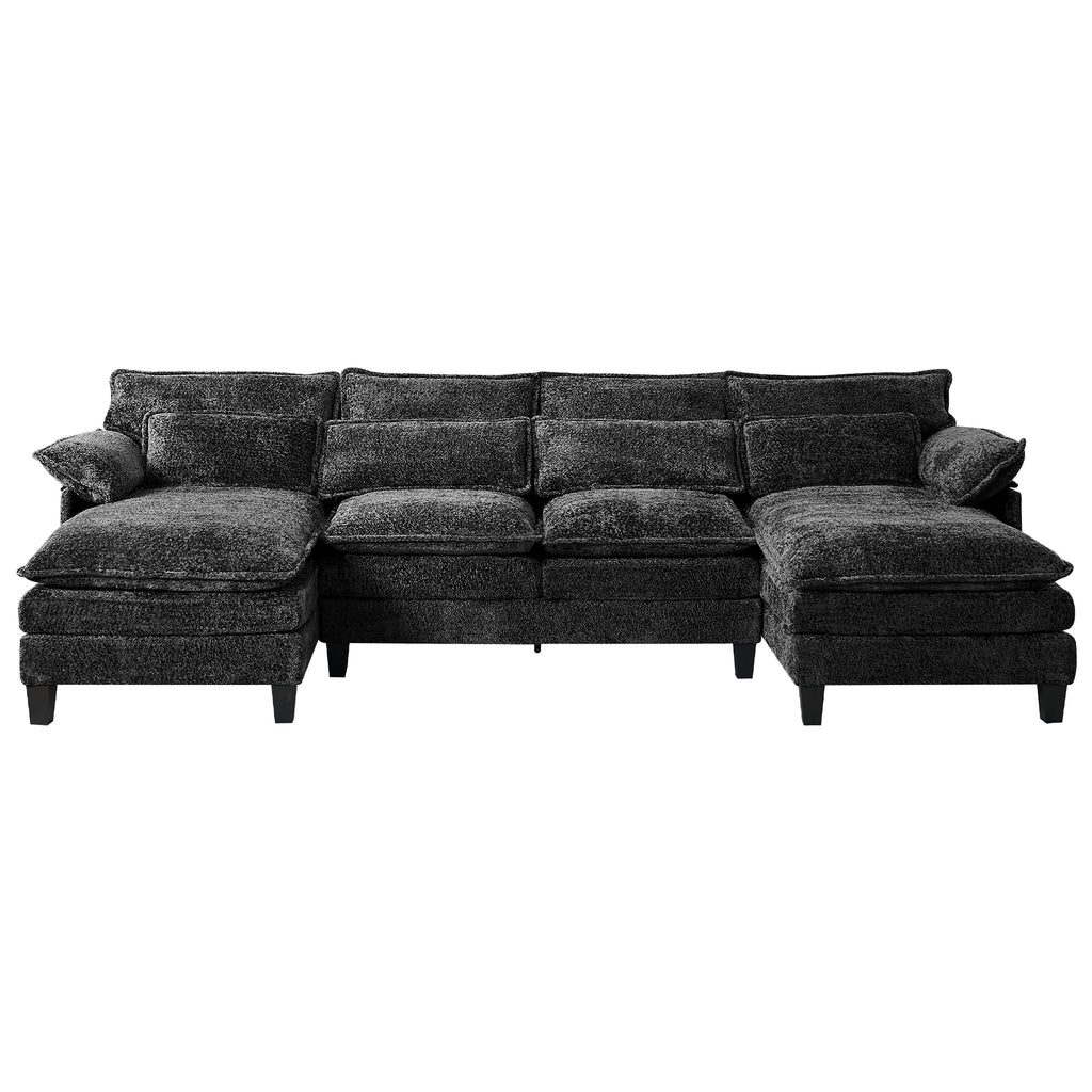 JONPONY 109.45"U Shaped Couch, 4 Seat Sectional with 4 Throw Pillows, Convertible Upholstery Symmetrical Sofá,High Dense Memory Foam with Double Chaise Lounge &Memory Foam for Living Room, Black Grey