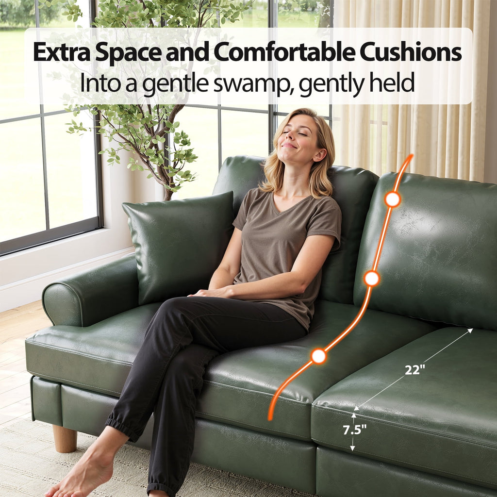 87" Couch Premium PU Leather Sofa, Comfy Extra Deep Seat 3 Seater Couch for Living Room, with 2 Pillows, Green