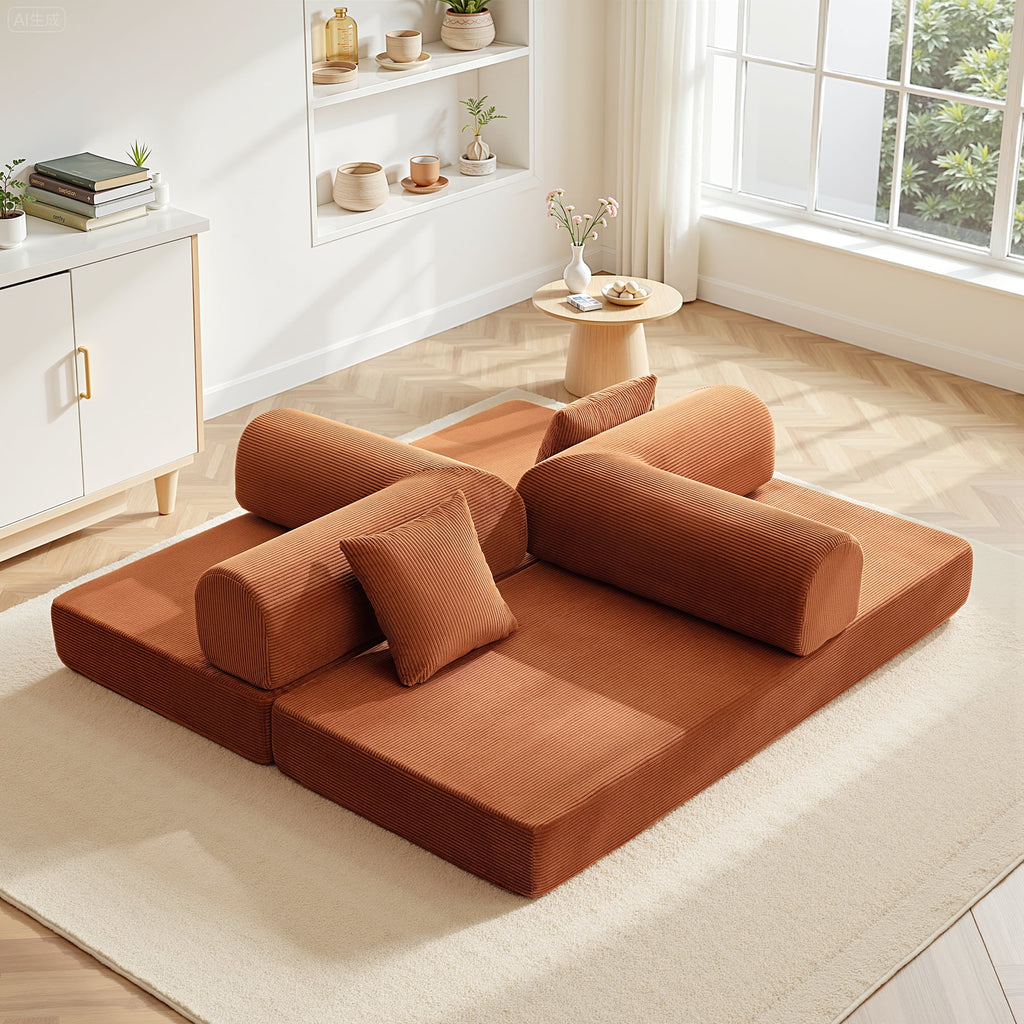 COOLHUT 78.7" W Combination Sofa, High Rebound Density Sponge Sofa Couch, Two Forms Floor Couch Three Seats Sofa Bed for Living Room, Bedroom, Pumpkin Brown