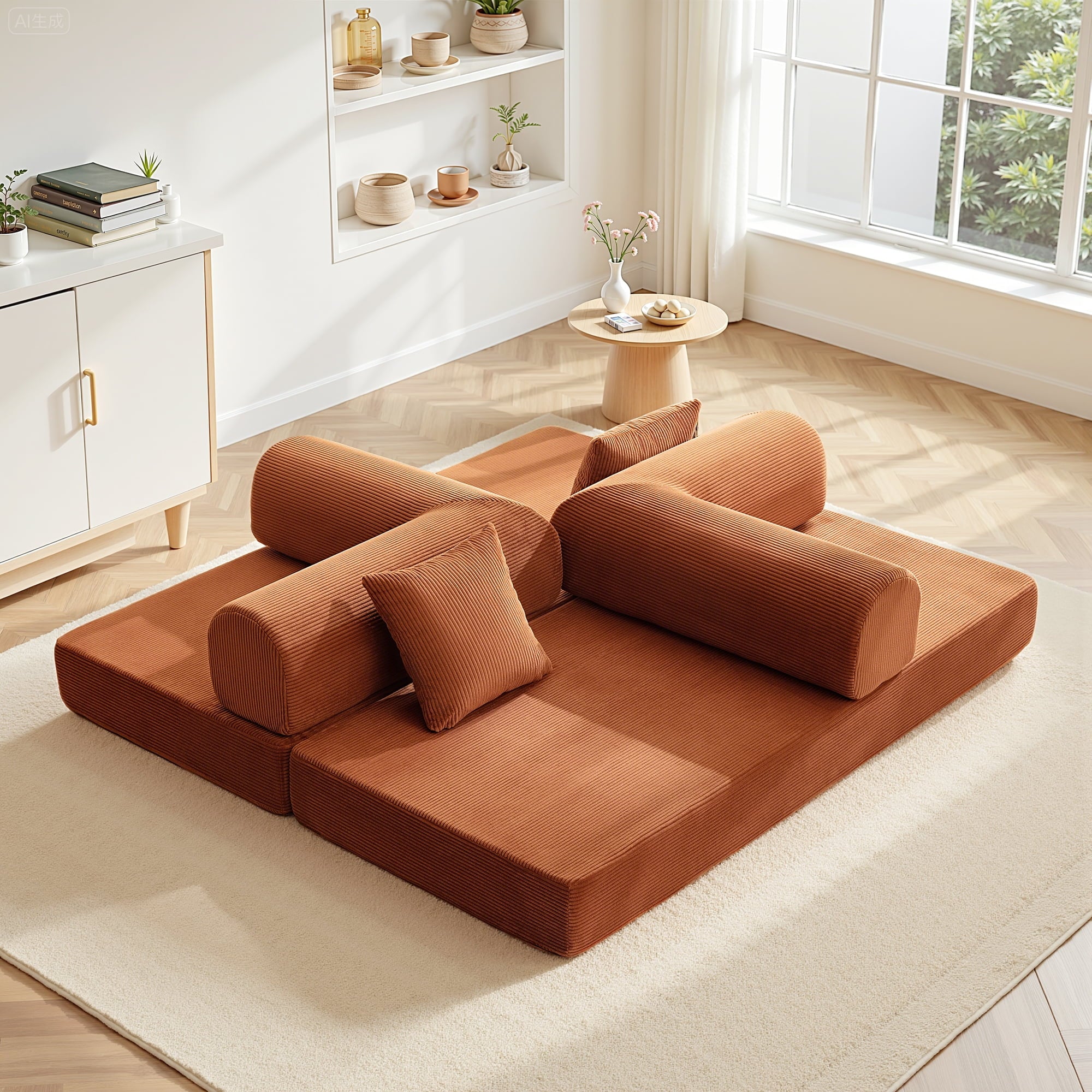COOLHUT 78.7" W Combination Sofa, High Rebound Density Sponge Sofa Couch, Two Forms Floor Couch Three Seats Sofa Bed for Living Room, Bedroom, Pumpkin Brown