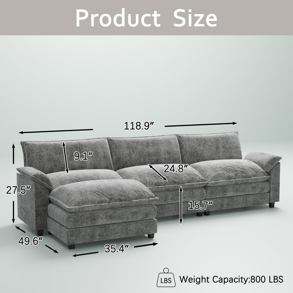 Furmax 3-seat Sectional Sofa Sectional Couch with Reversible Toffee Chair Convertible Sofa with Ottoman,Gray