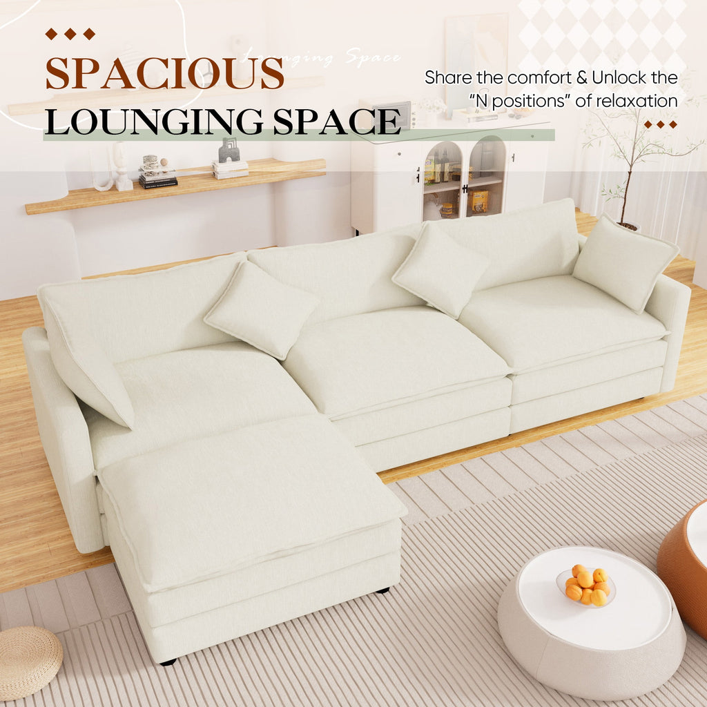 Muumblus Sectional Sofa Cloud Couch with Reversible Ottoman, L-Shaped Chenille Sofa for Living Rooms, Beige