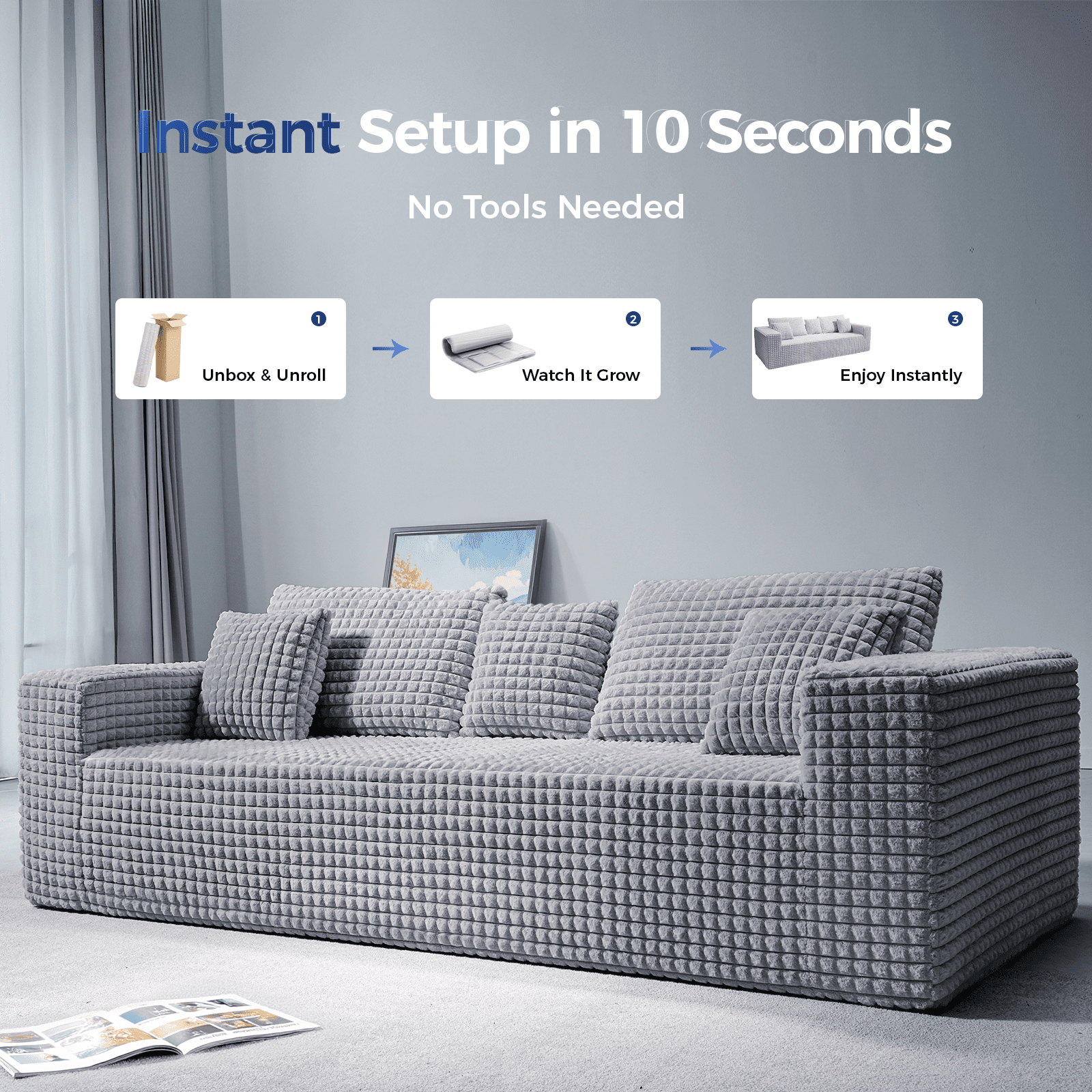 101" No-Assembly Diamond Sofa for living Room, 4 Seater Couch with 30-inch Deep Seat, Soft Fleece Design with 2-Layer Sponge - Ready to Use Out of the Box