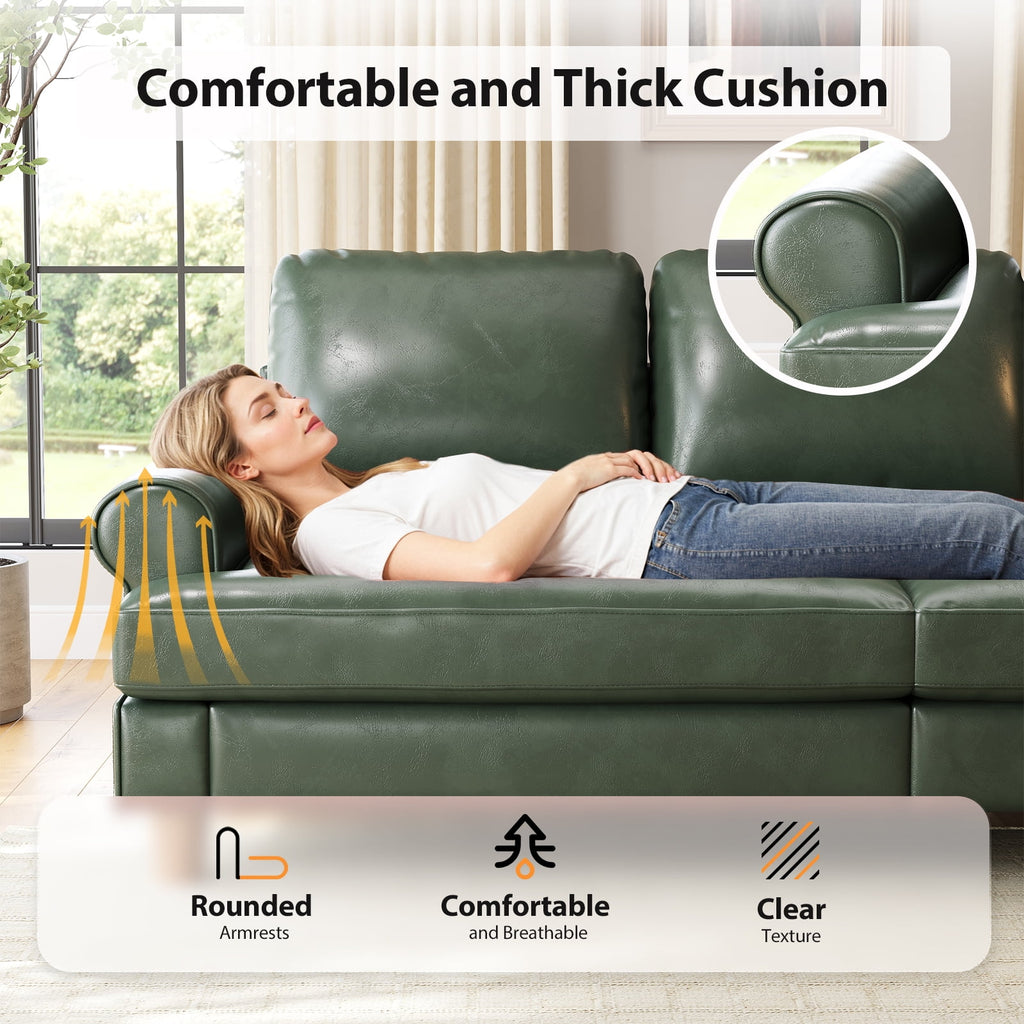 87" Couch Premium PU Leather Sofa, Comfy Extra Deep Seat 3 Seater Couch for Living Room, with 2 Pillows, Green