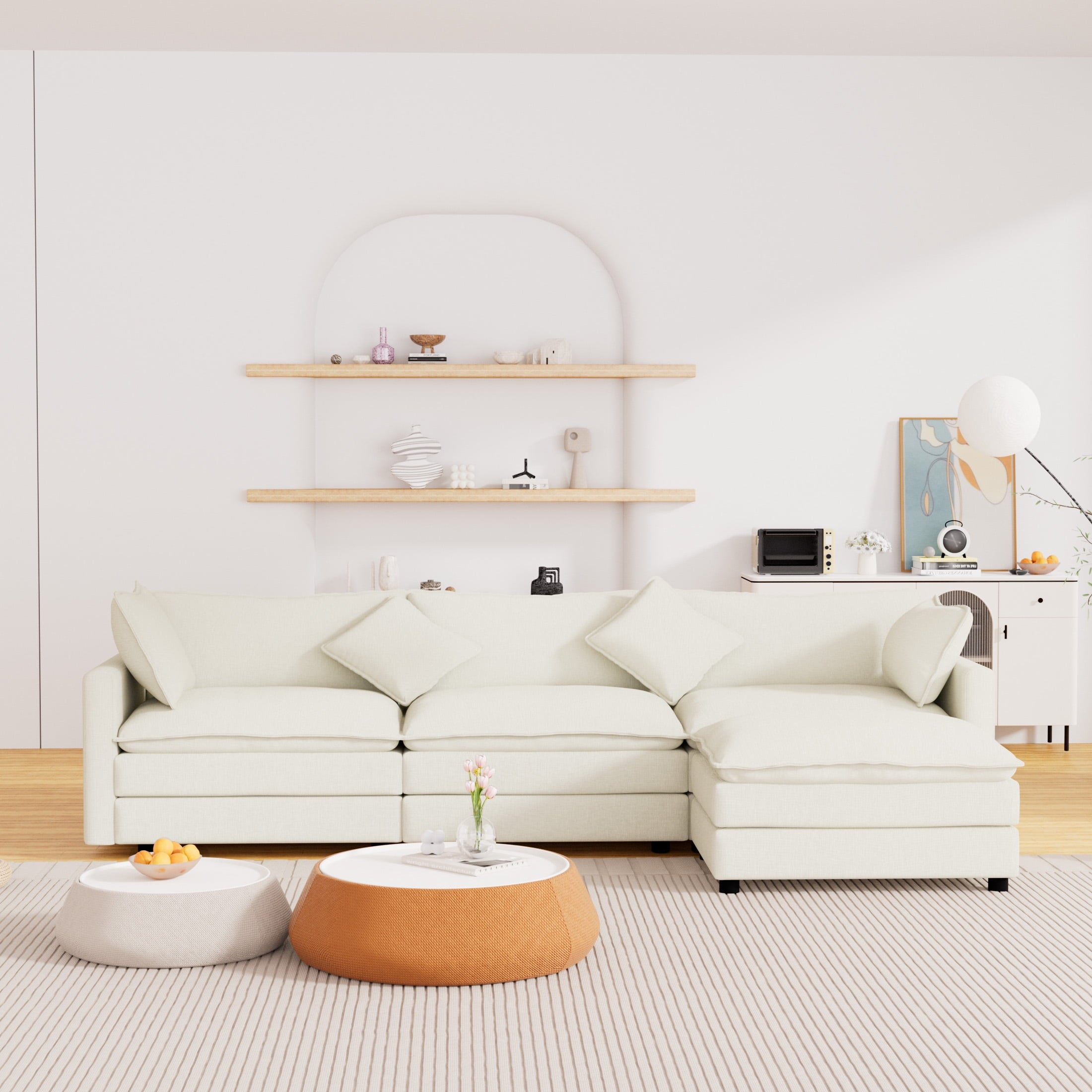 Muumblus Sectional Sofa Cloud Couch with Reversible Ottoman, L-Shaped Chenille Sofa for Living Rooms, Beige