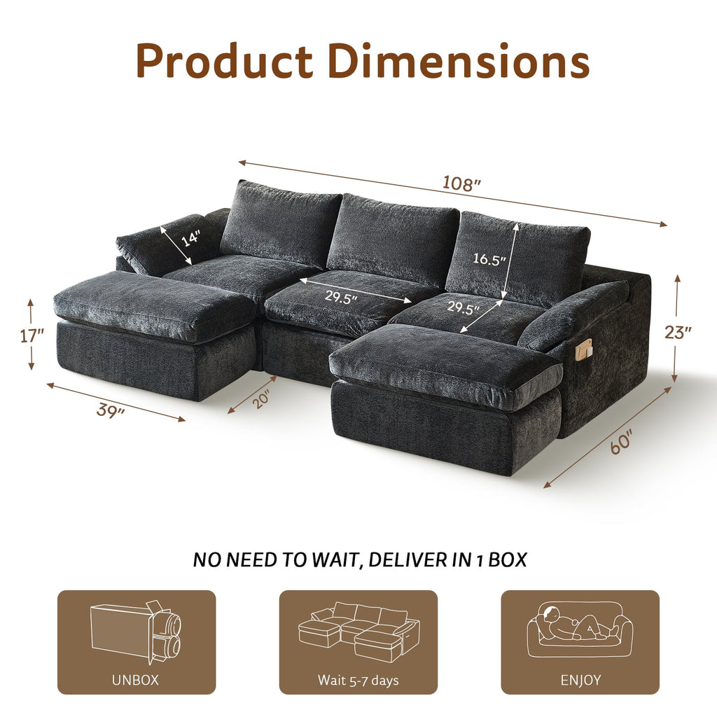 GEMBED 108" Modular Sectional Sofa U Shaped Cloud Couch with Deep Seat and Movable Ottoman Boneless Couches for Living Room, No Assembly Required, Gray