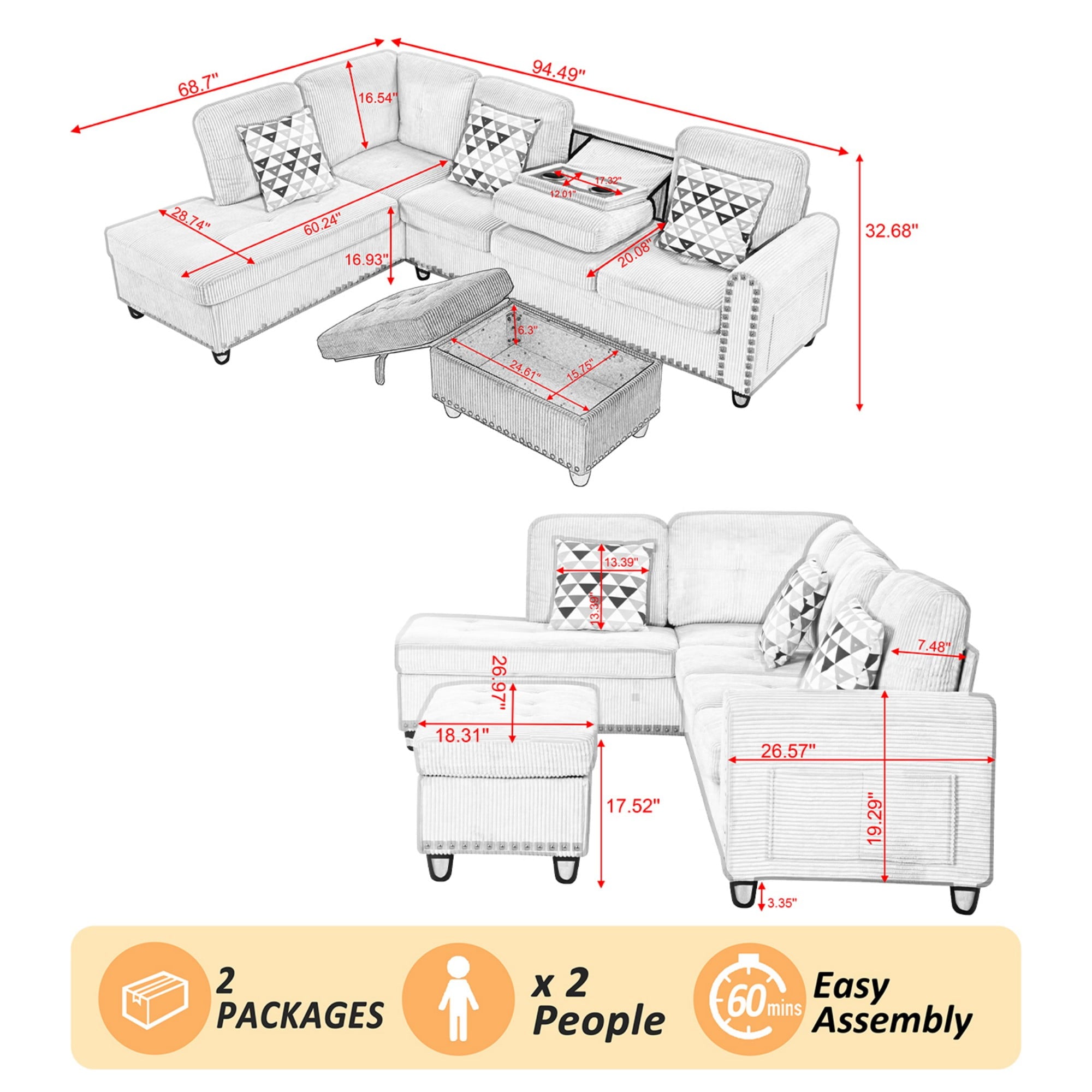 Gewnee 94.49" L-shaped Modular Fabric Sofa Set with Storage Ottoman and Cup Holders & throw pillows.Suitable for Living Rooms,Offices and Reception Rooms.Black