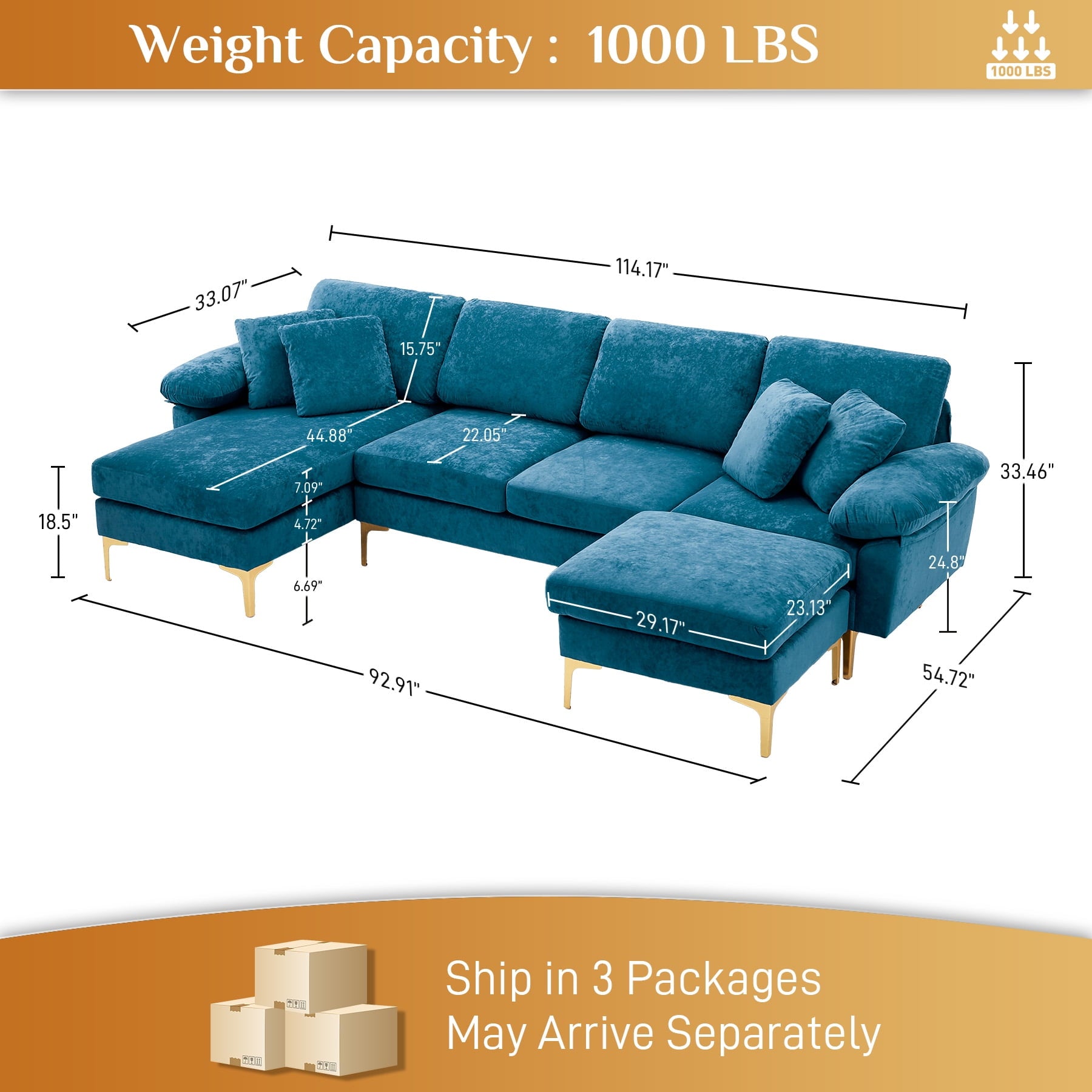 Wiilayok 114" U-Shaped Sectional Sofa,Velvet Modular 4 Seat Sofa Set for Living Room,Convertible L Shaped Sofa Couch Set with Chaise Lounge, Ottoman and Pillows