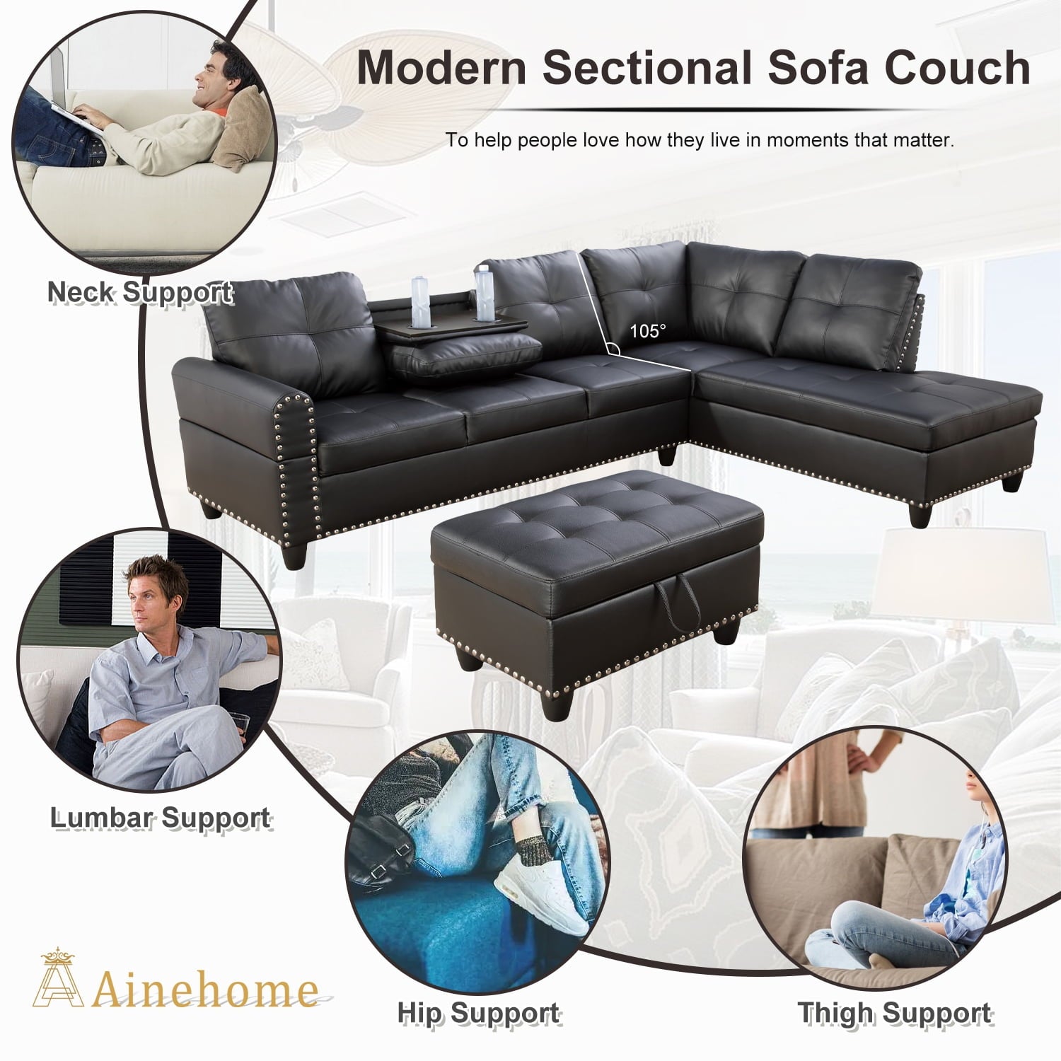 L Shaped Couch, Modular Sectional Sofa with Chaise, Modern Modular Sofas Furniture Sofa Couches for Living Room/Apartment/Office/Bedroom, Black
