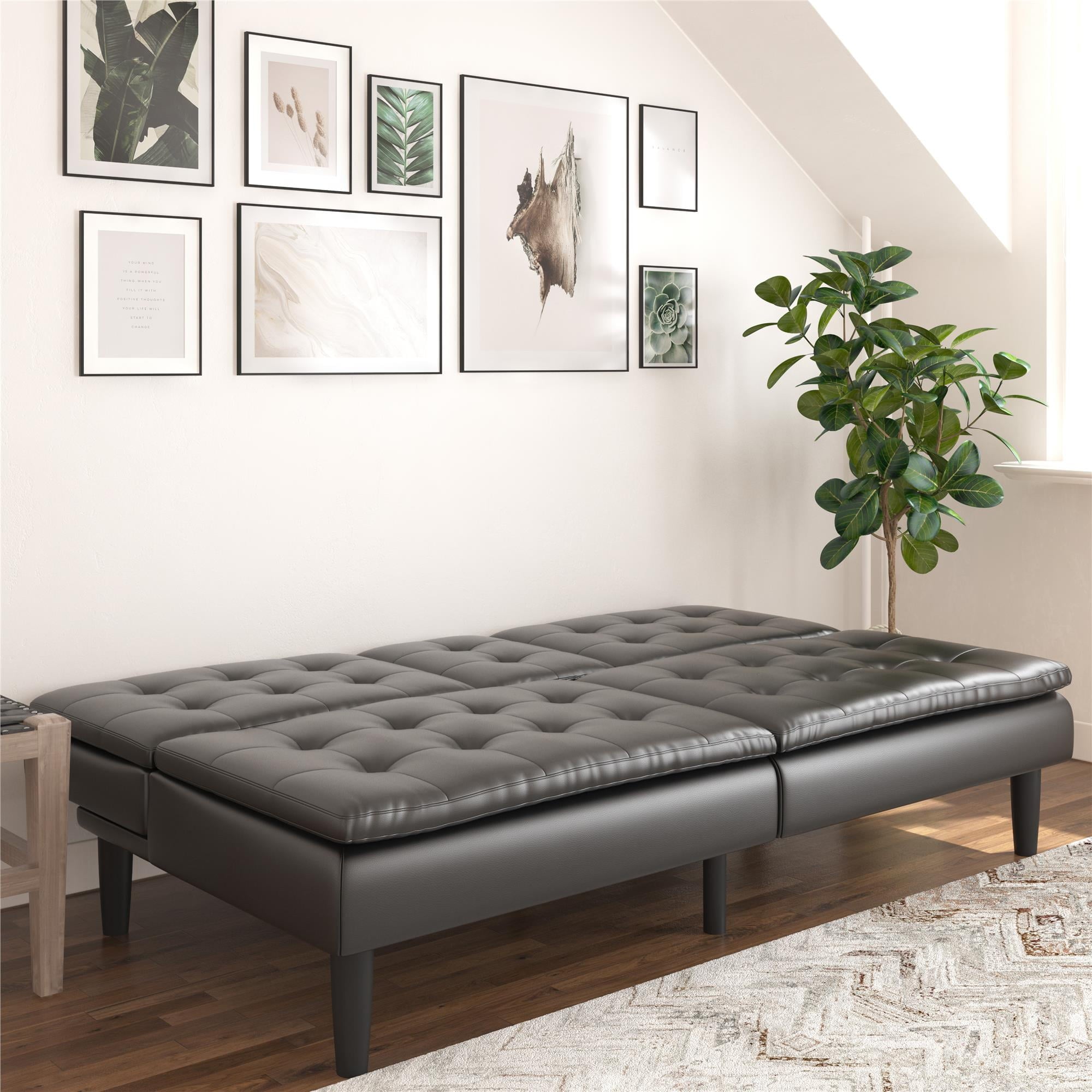 Mainstays Memory Foam 71.5" Futon with Cupholder and USB, Black Faux Leather