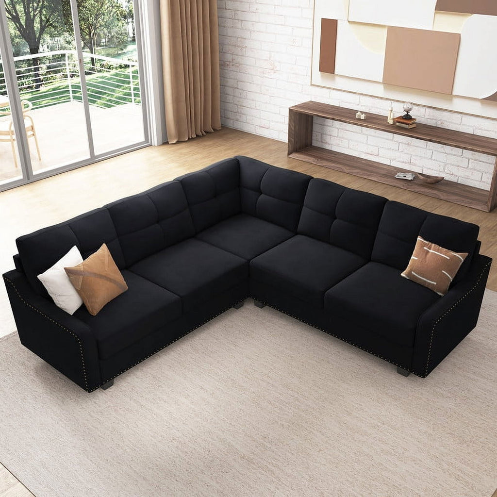 HONBAY Modern Convertible Sectional Sofa Velvet Corner Sofa Couch for Living Room in Black