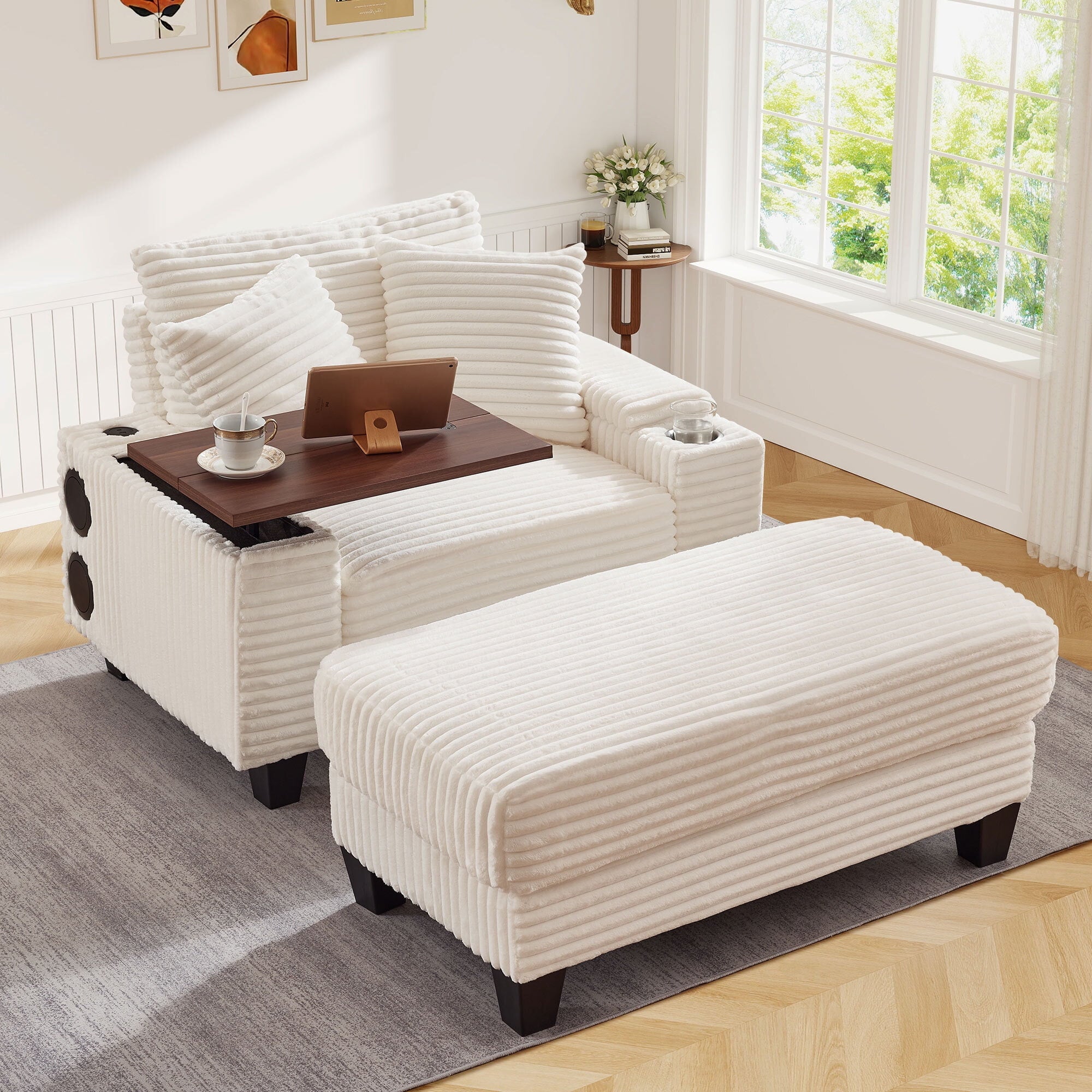 Muumblus Oversized Living Room Chair with Bluetooth Speaker, Ottoman, Rotating Table Board & USB, Cozy Indoor Lounge Reading Armchair, White Corduroy