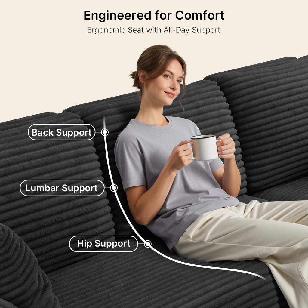 Lofka 105" Cloud L-Shaped Sectional Sofa and Couch with Movable Ottoman and Soft Seats for Living Room, No Assembly Required, Black (Plush Corduroy Fabric)