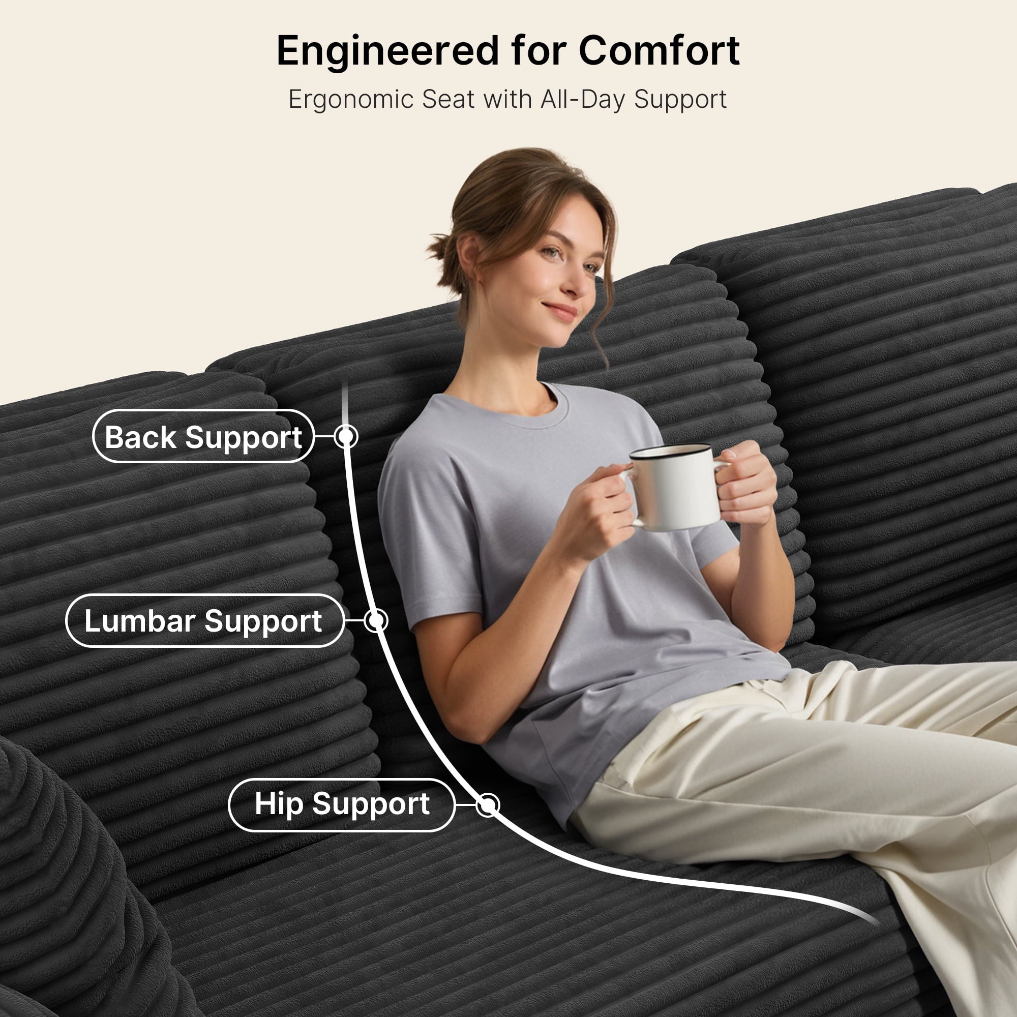 Lofka 105" Cloud L-Shaped Sectional Sofa and Couch with Movable Ottoman and Soft Seats for Living Room, No Assembly Required, Black (Plush Corduroy Fabric)