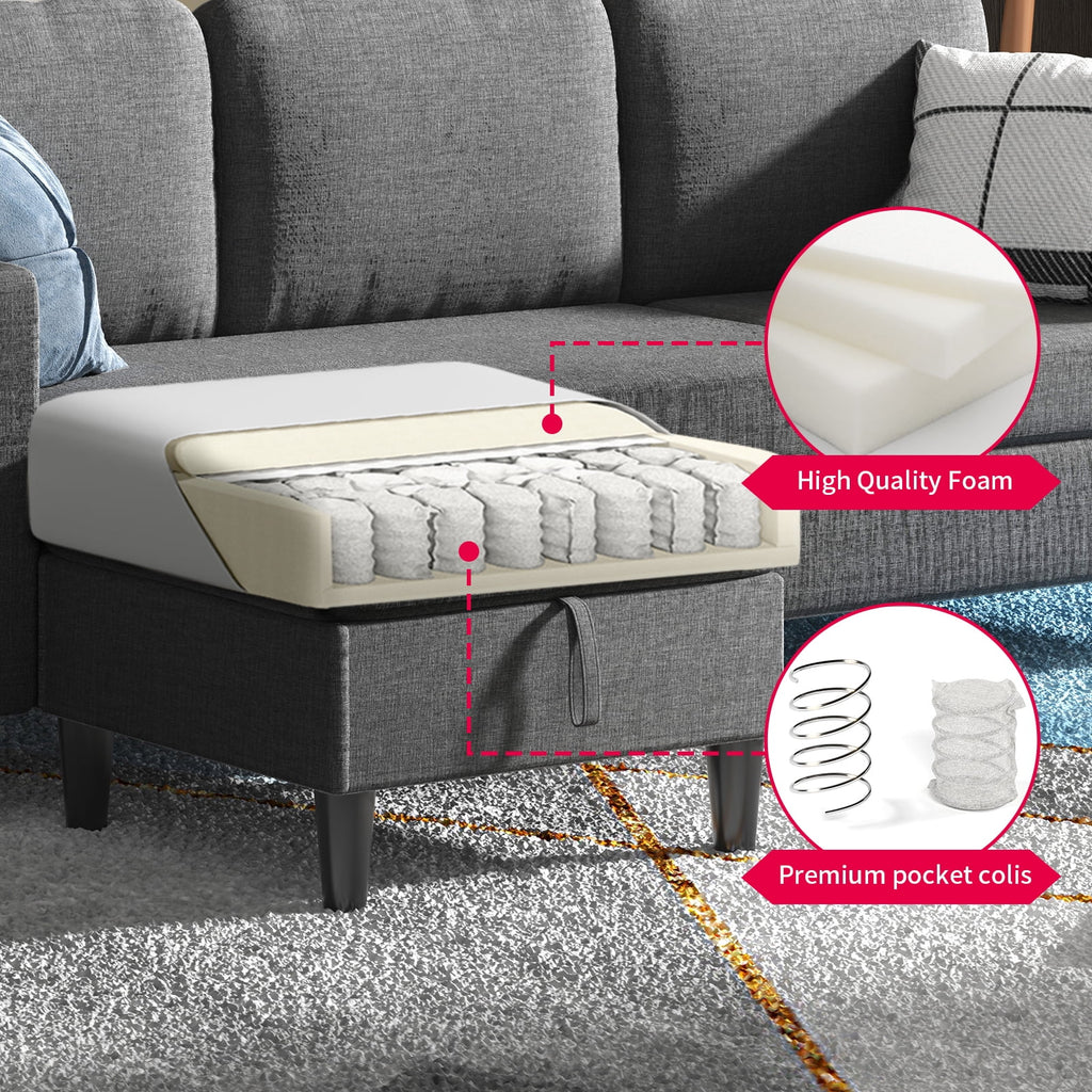 MUZZ 76" Small Space Sectional Sofa with Storage – L-Shaped with Storage Ottoman & Movable Modules, Dark Grey Linen Living Room Couch