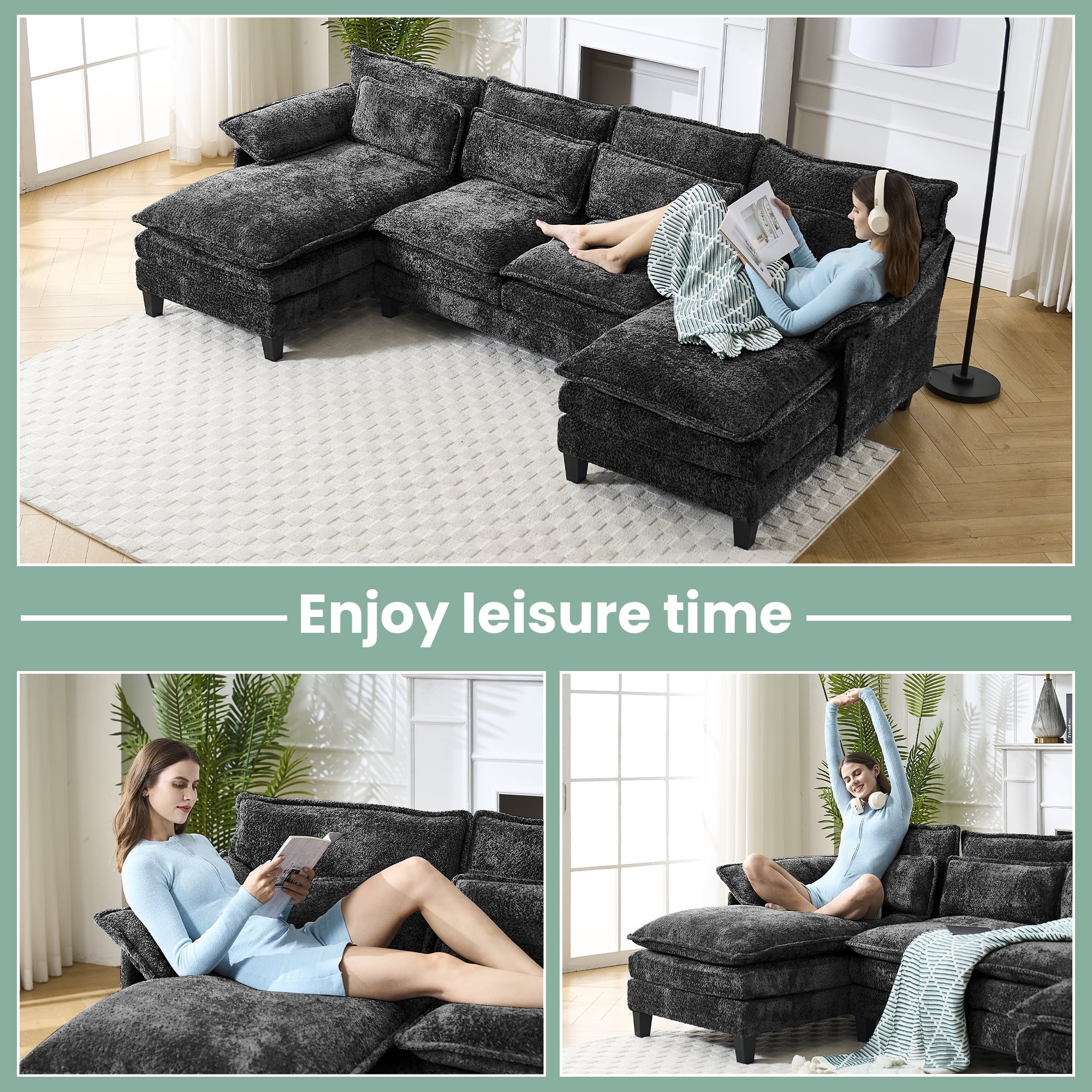 JONPONY 109.45"U Shaped Couch, 4 Seat Sectional with 4 Throw Pillows, Convertible Upholstery Symmetrical Sofá,High Dense Memory Foam with Double Chaise Lounge &Memory Foam for Living Room, Black Grey