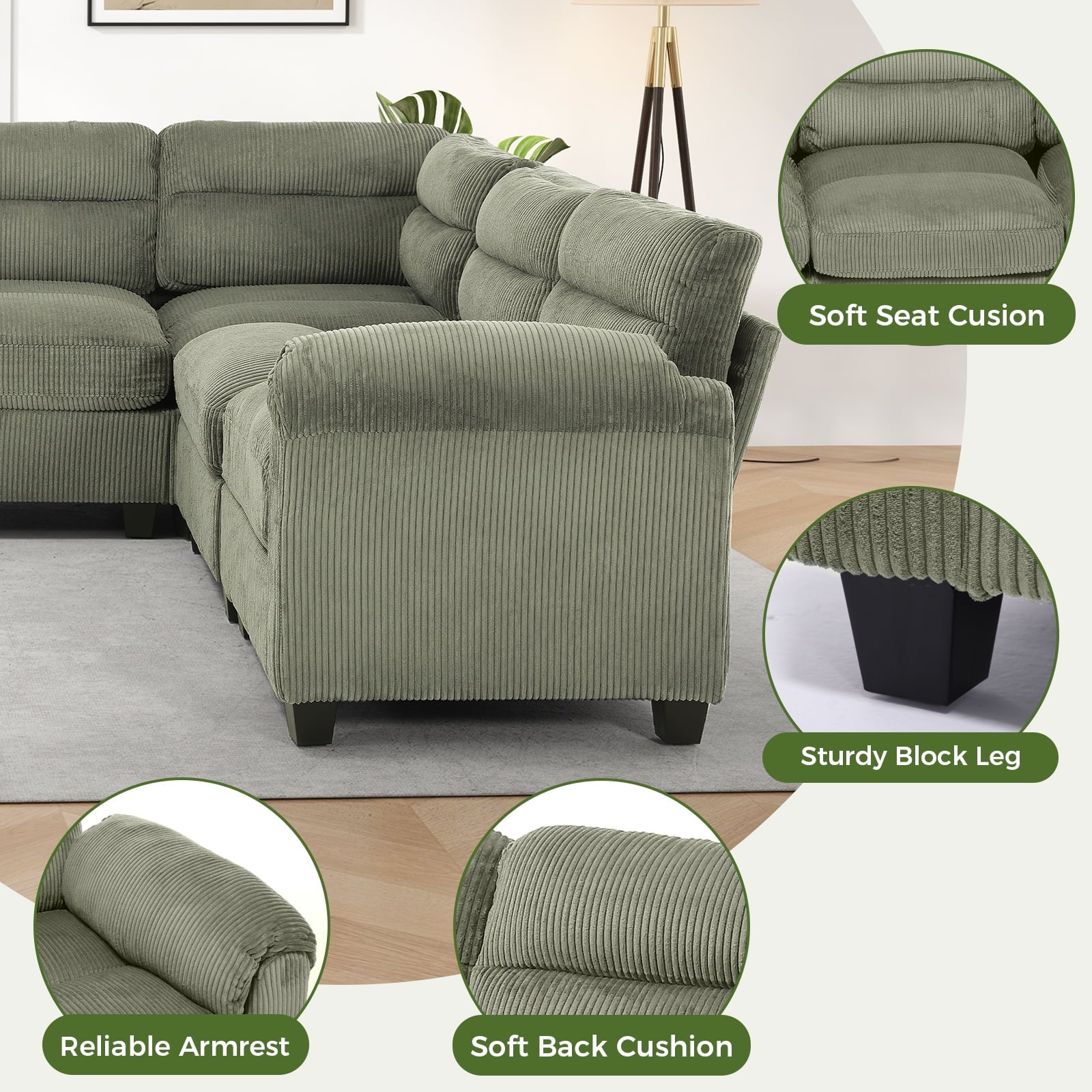 Bonzy Home Convertible Sectional Sofa Couch for Living Room With Ottoman Green