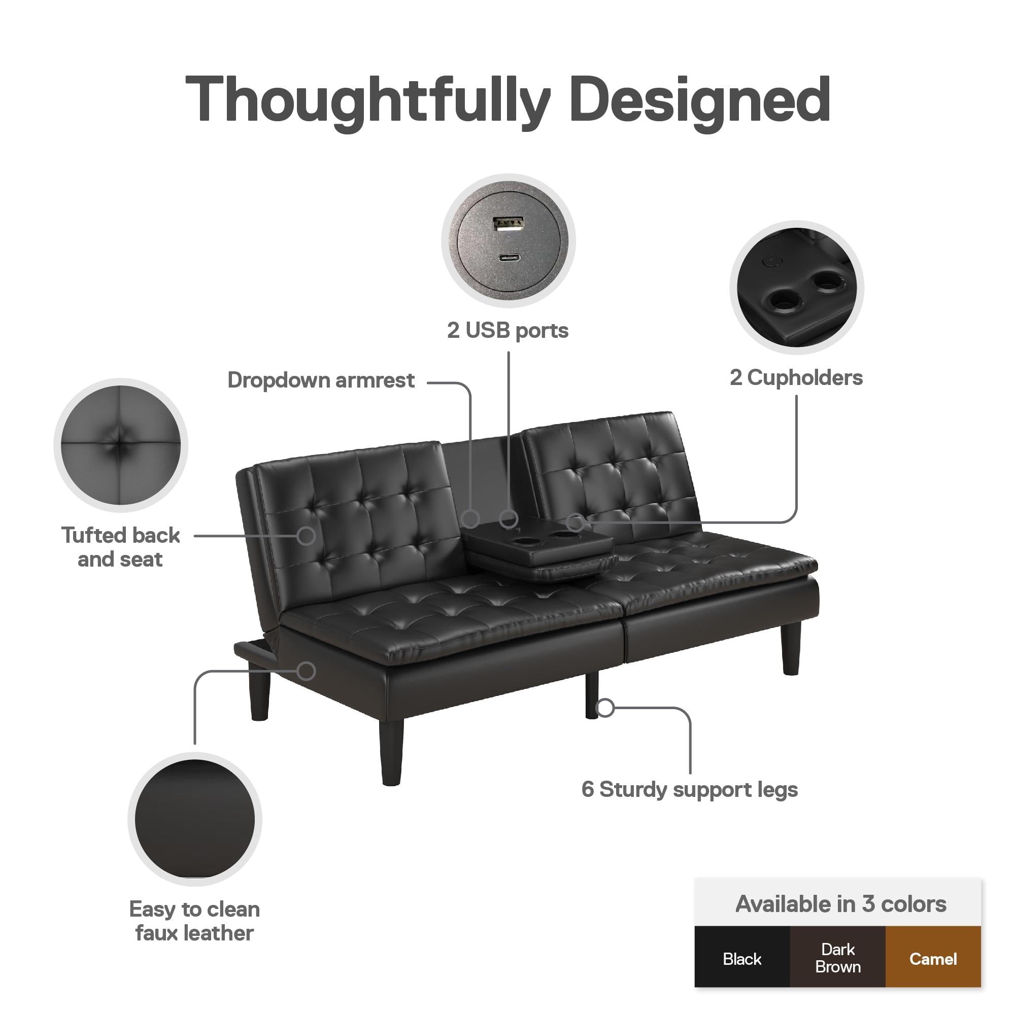 Mainstays Memory Foam 71.5" Futon with Cupholder and USB, Black Faux Leather