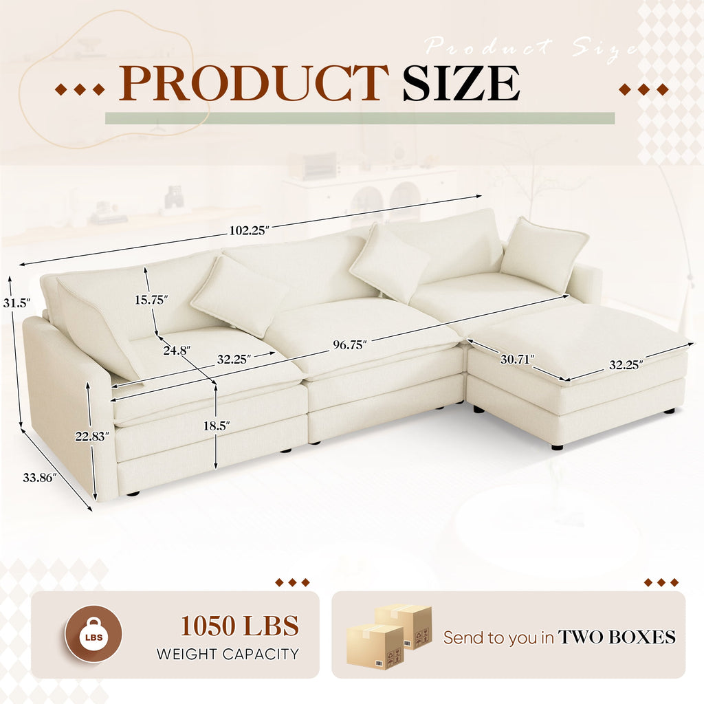 Muumblus Sectional Sofa Cloud Couch with Reversible Ottoman, L-Shaped Chenille Sofa for Living Rooms, Beige