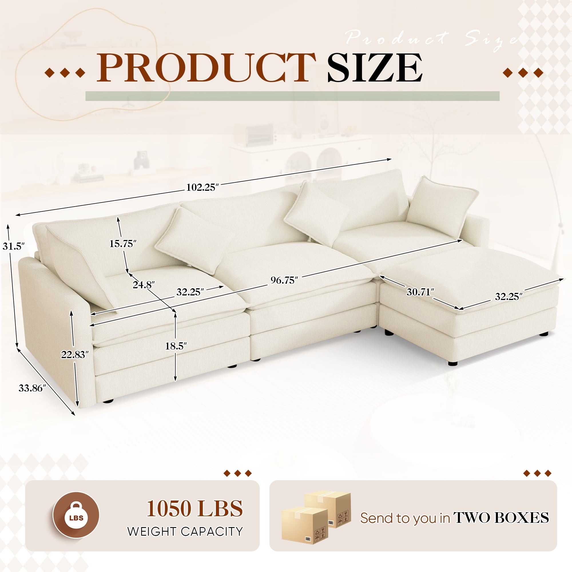 Muumblus Sectional Sofa Cloud Couch with Reversible Ottoman, L-Shaped Chenille Sofa for Living Rooms, Beige