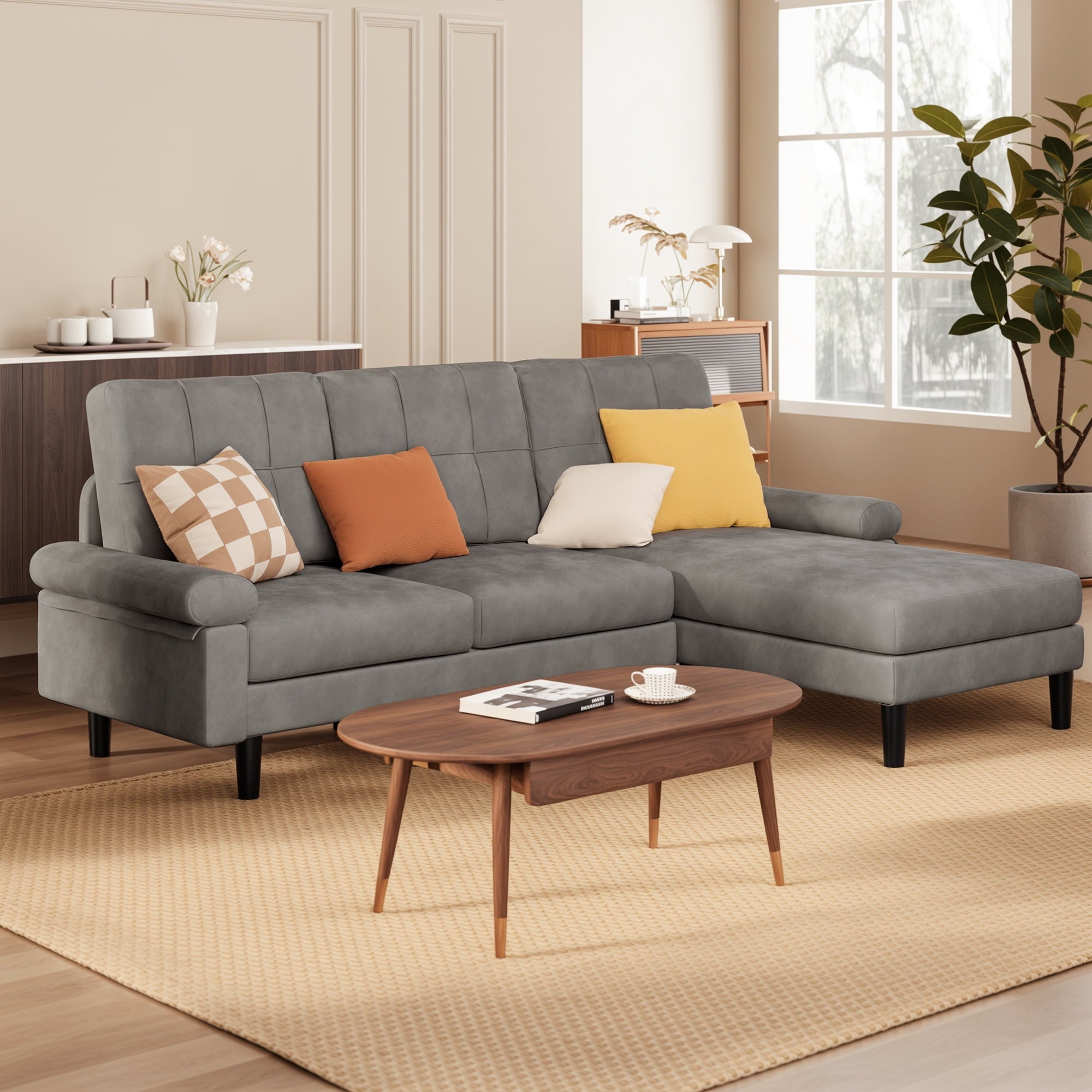 82"L-Shaped Couch, Lofka Sectional Sofa with 4" Thick Cushions, Soft Velvet 3 Seats Couches for Living Room, Apartment and Small Space, Dark Grey Couch