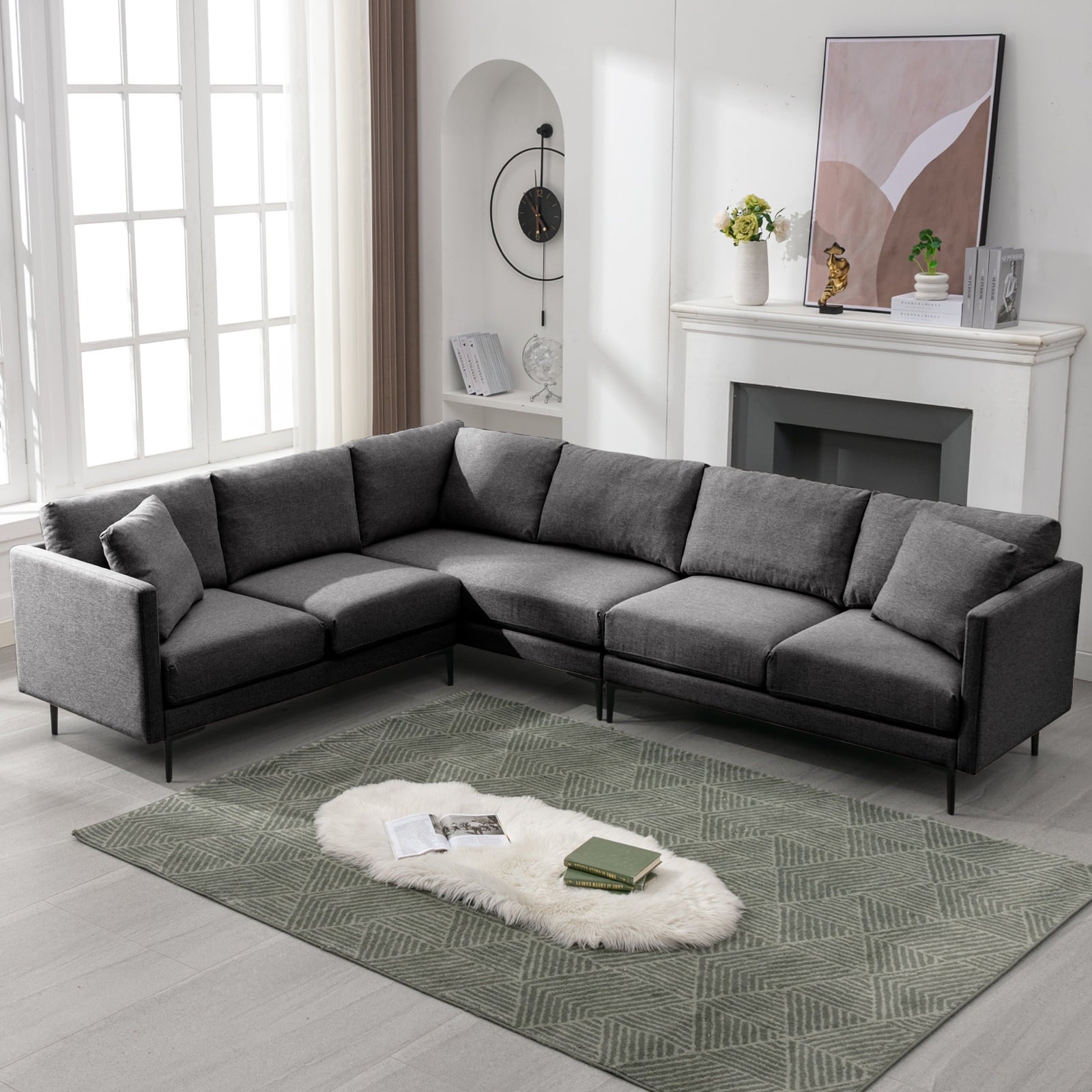 ijuicy L Shaped Sectional Sofa, 6 Seater Corner Modular Sofa, Living Room Furniture Sets - Dark Grey